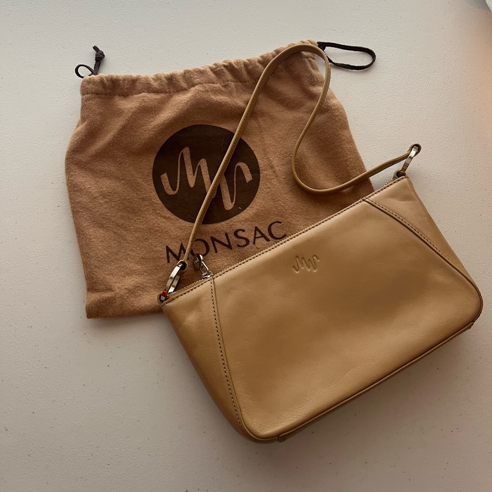Authentic Monsac Leather Mini purse shoulder bag beige tan brown